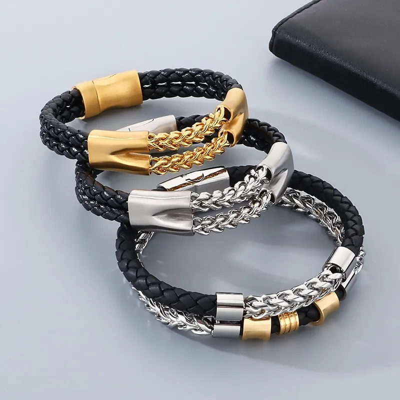 Trendy Stainless Steel Geometric Woven Multi-Layer Personalized Leather Bracelet