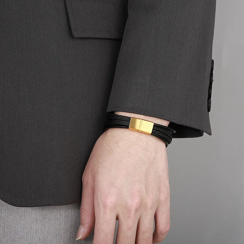 Fashionable Stainless Steel Feather Multi-Layer Woven Leather Men's Bracelet Jewelry
