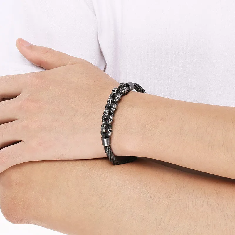 Retro Style Men's Stainless Steel Wire Waistband Punk Skull Bangle Bracelet