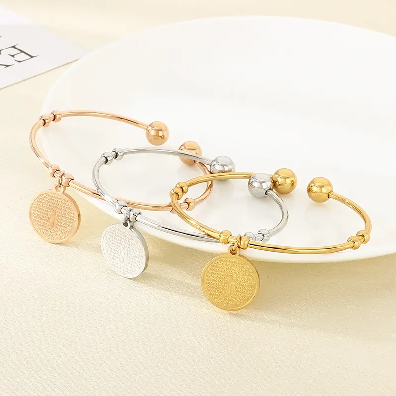 Stylish 18K Gold Round Cross Stainless Steel Openning Bangle Jewelry Wholesale
