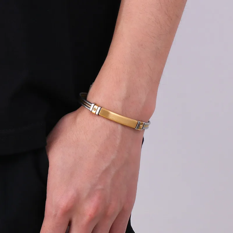 Stainless Steel Braided Three Row Steel Wire Rope Bangle with Curved Plate That Can Be Engraved with Letters