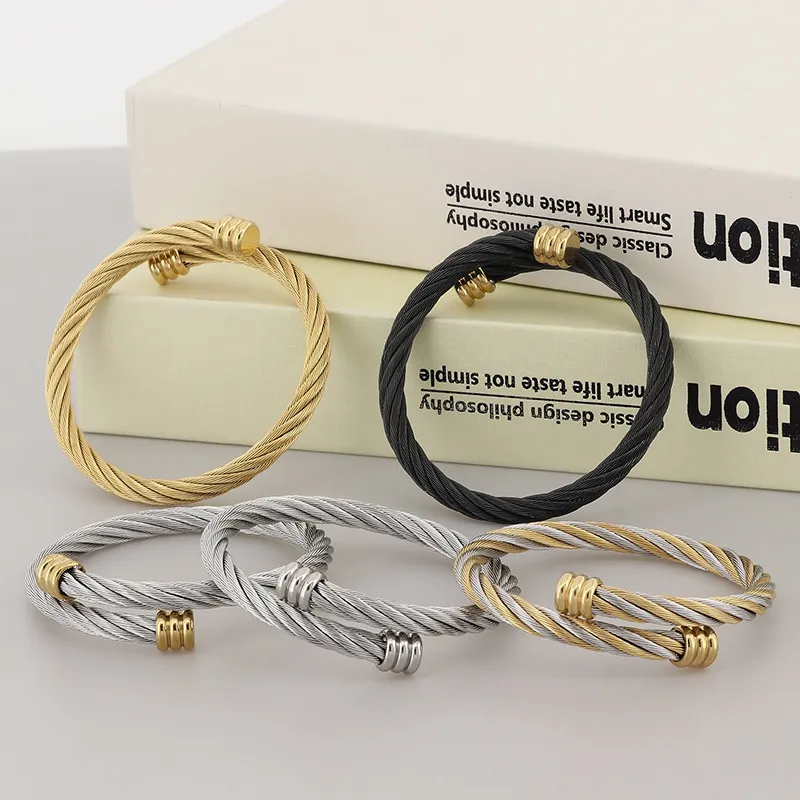 Personalized Stainless Steel Winding Geometric Steel Wire Rope Open Bangle Accessories