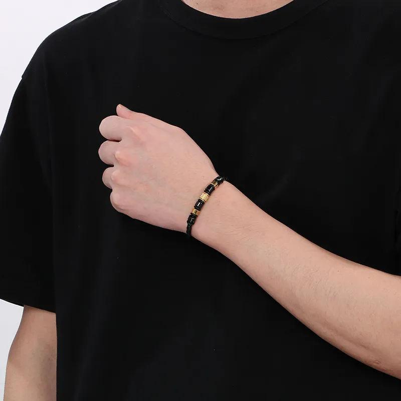 Trendy Men's Stainless Steel Unique Woven Geometric Mesh Leather Bracelet
