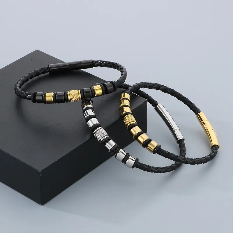 Trendy Men's Stainless Steel Unique Woven Geometric Mesh Leather Bracelet