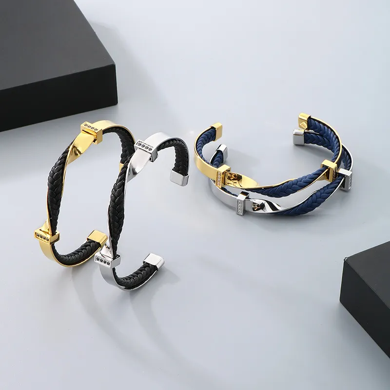 Fashion Stainless Steel Twisted Pattern Diamond Inlaid C-Shaped Open Woven Leather Bracelet Men's Jewelry