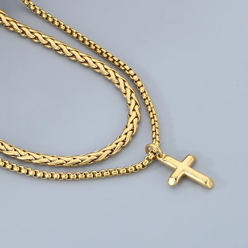 Fashionable Stainless Steel Creative Double-Layer Mixed Chain Hanging Cross Pendant Men's Necklace Accessories