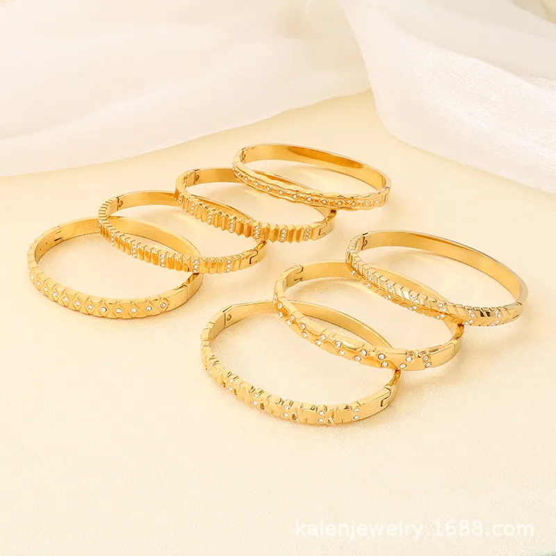 European and American Style Irregular Diamond-Encrusted Stainless Steel Bangles for Women