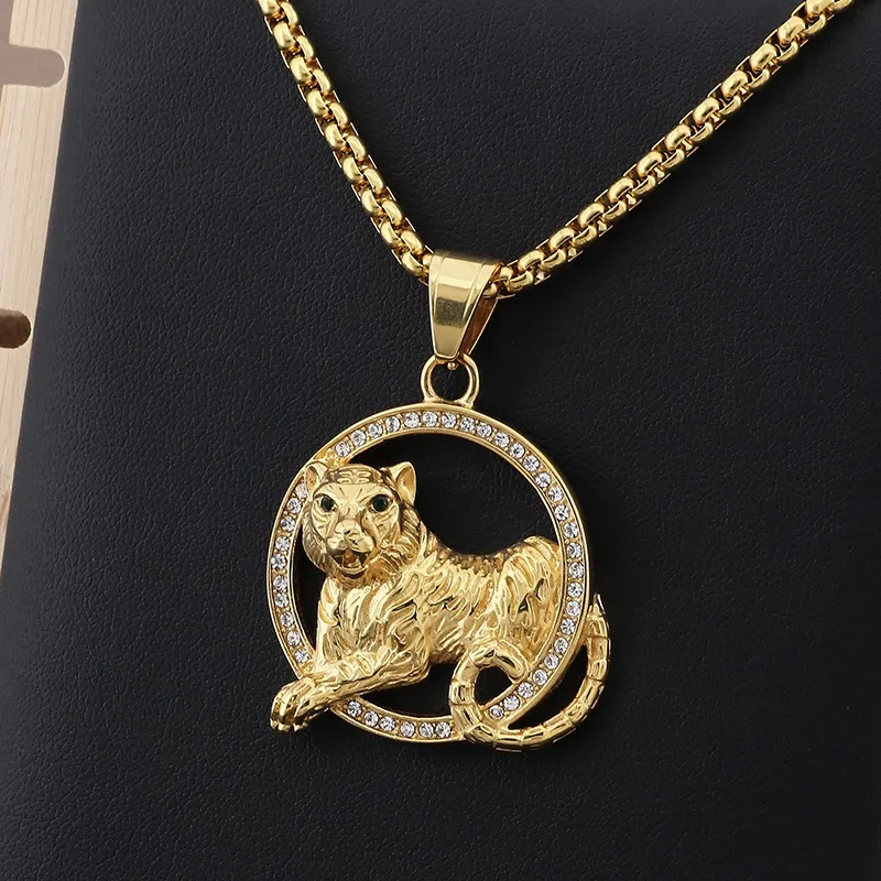 Personalized Rhinestone-Encrusted Animal Pendant, Hip-Hop Style Luxury Green, Red, and White-Eyed Tiger Stainless Steel Men's Pendant