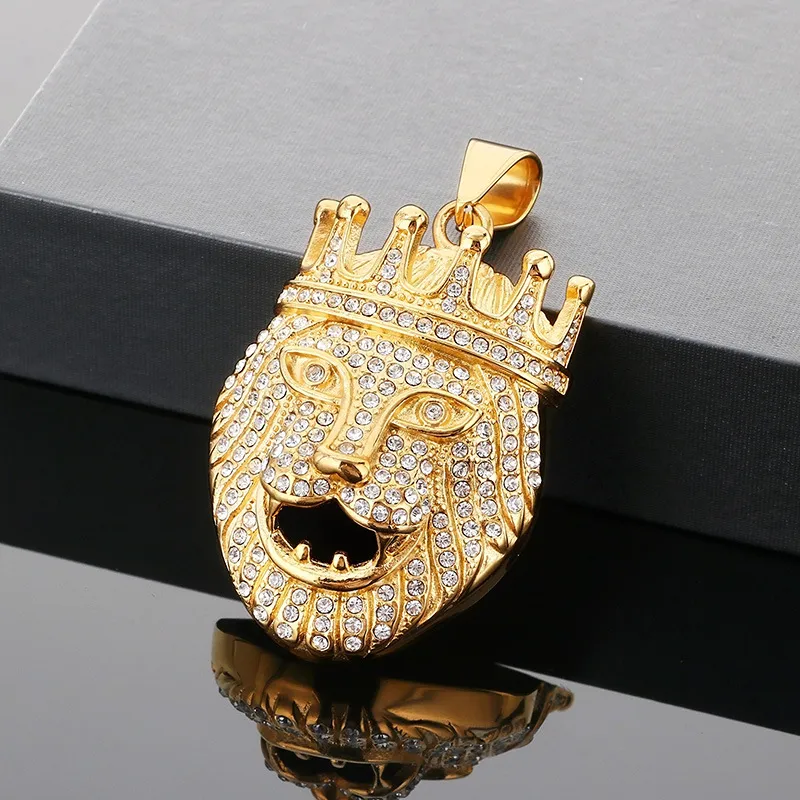 Hip-Hop Full Rhinestones Diamond Crown Lion Head Stainless Steel Men's Pendant