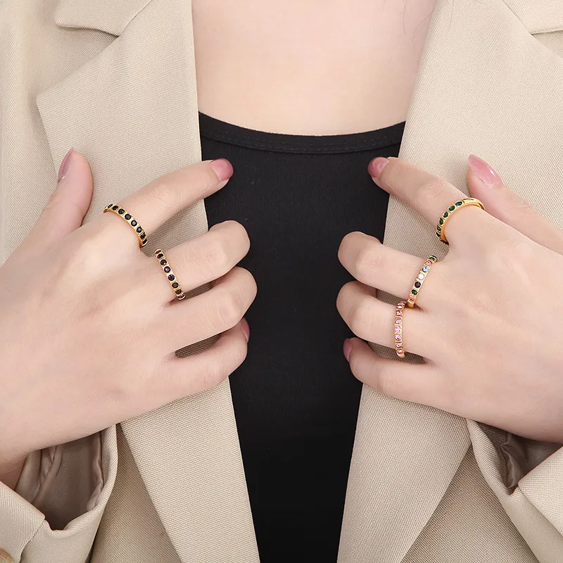 Fashion Colorful Diamond Ring Jewelry Gold Plated Titanium Steel Ring