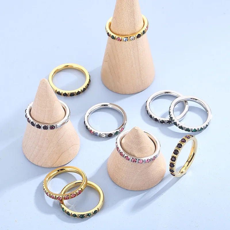 Fashion Colorful Diamond Ring Jewelry Gold Plated Titanium Steel Ring