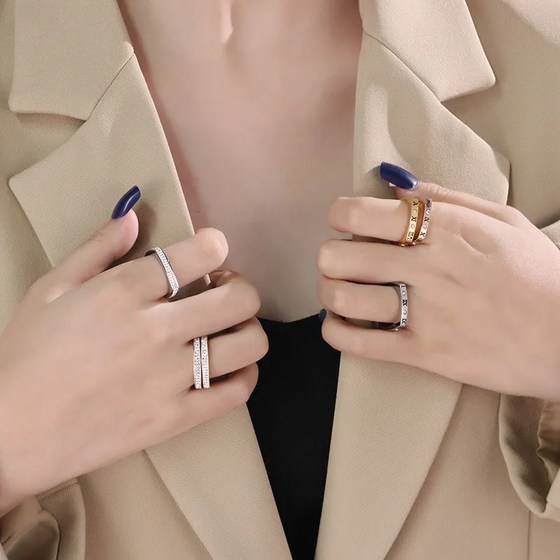 Personality Multi-Ring Square Ring Fashion Diamond-Embedded Roman Numeral Stainless Steel Ring Wholesale