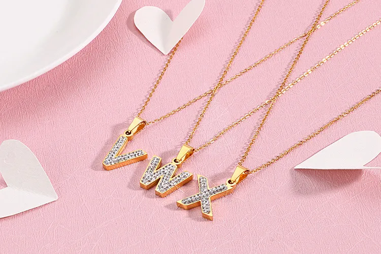 Women's Stainless Steel Full-Diamond 26 English Letters DIY Pendant Diamond-Embedded Collarbone Necklace