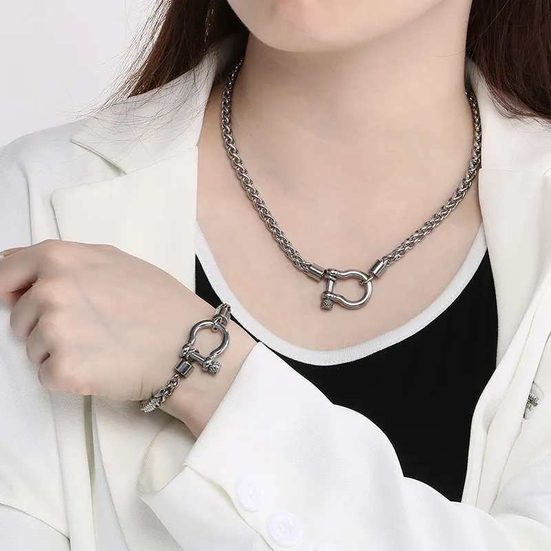 Unisex Horseshoe Buckle Necklace and Bracelet Set in Stainless Steel