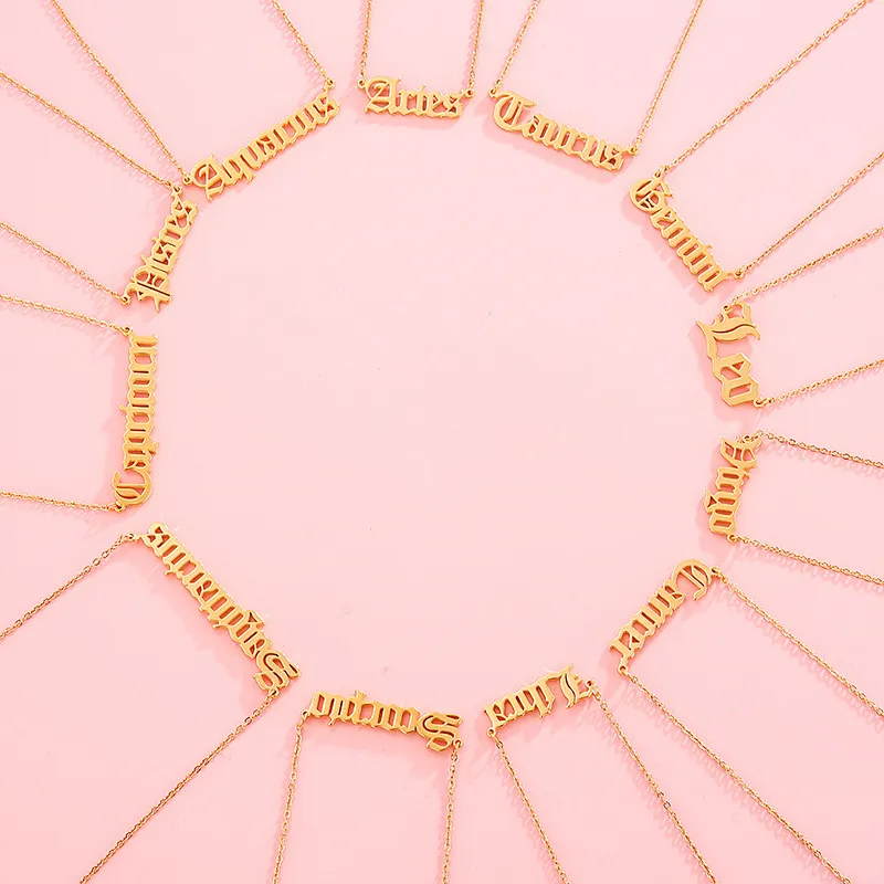 Simple 12 Zodiac Signs English Letter Necklace 18K Gold Personalized Fashion Stainless Steel Necklace Wholesale