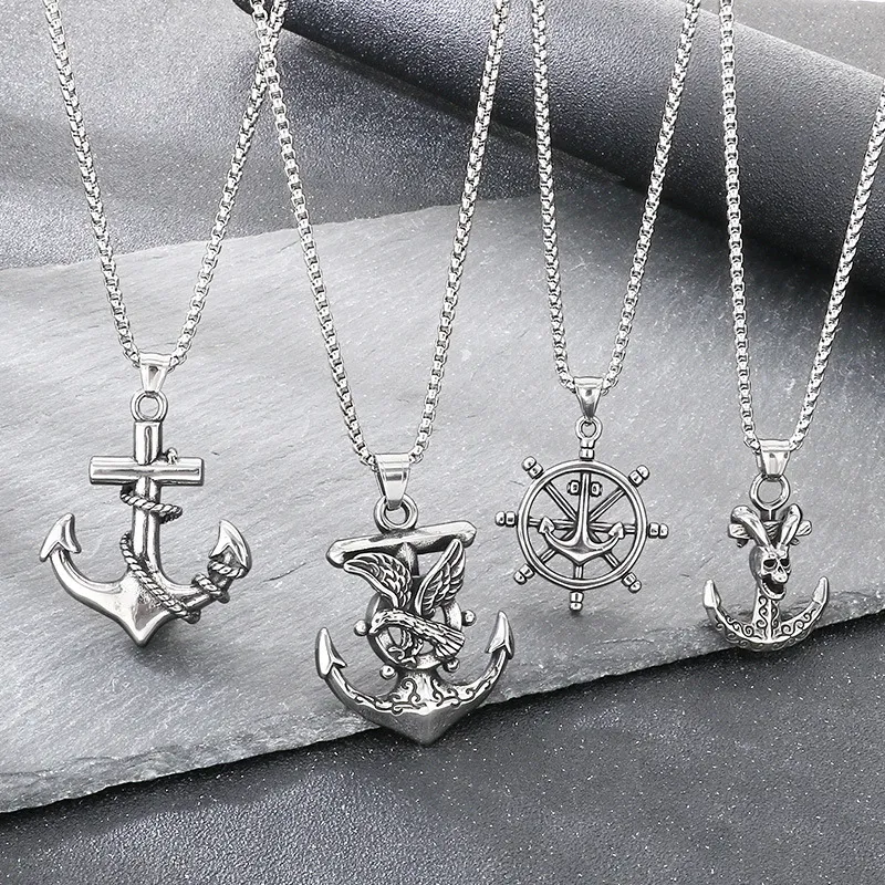 Dark Retro Navigation Rudder Pendant Punk Retro Cross Skull Anchor Stainless Steel Men's Pendant