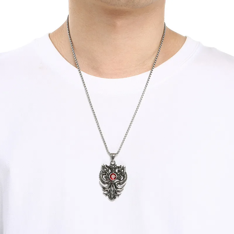 Aggressive Old Born Xiao Long Necklace China-Chic Antique Double Dragons Playing with Beads and Diamond Sword Stainless Steel Men's Pendant