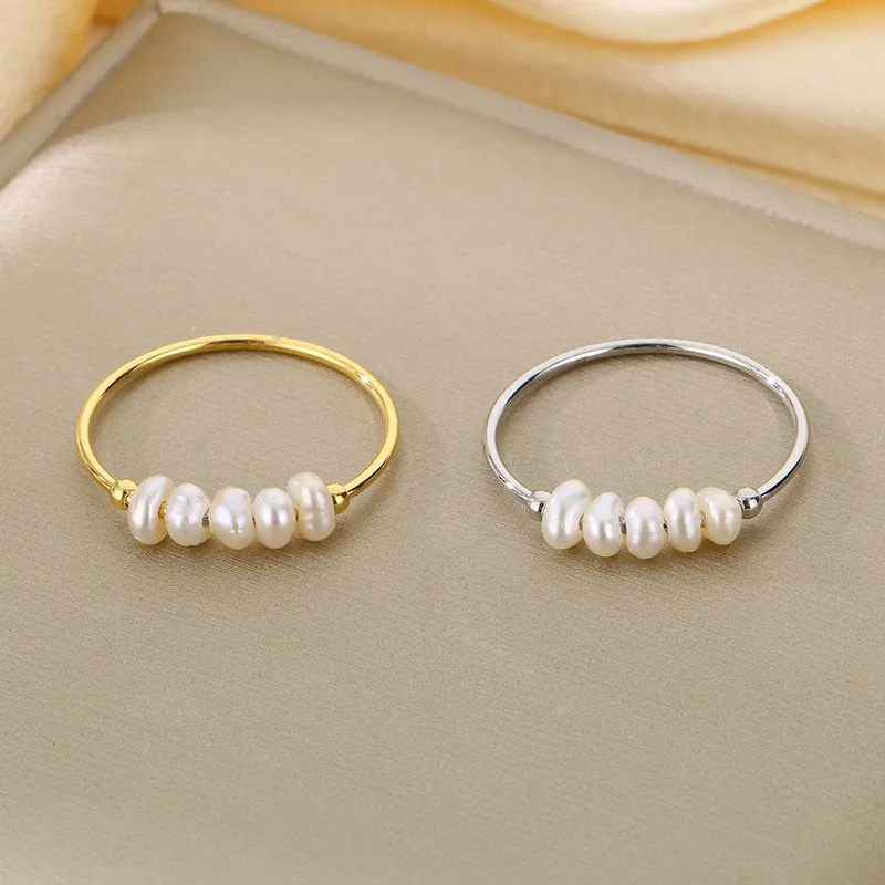 Natural Pearl Ring Gold Plated Stainless Steel Jewelry Freshwater Pearl Stacking Ring