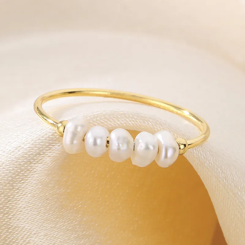 Natural Pearl Ring Gold Plated Stainless Steel Jewelry Freshwater Pearl Stacking Ring