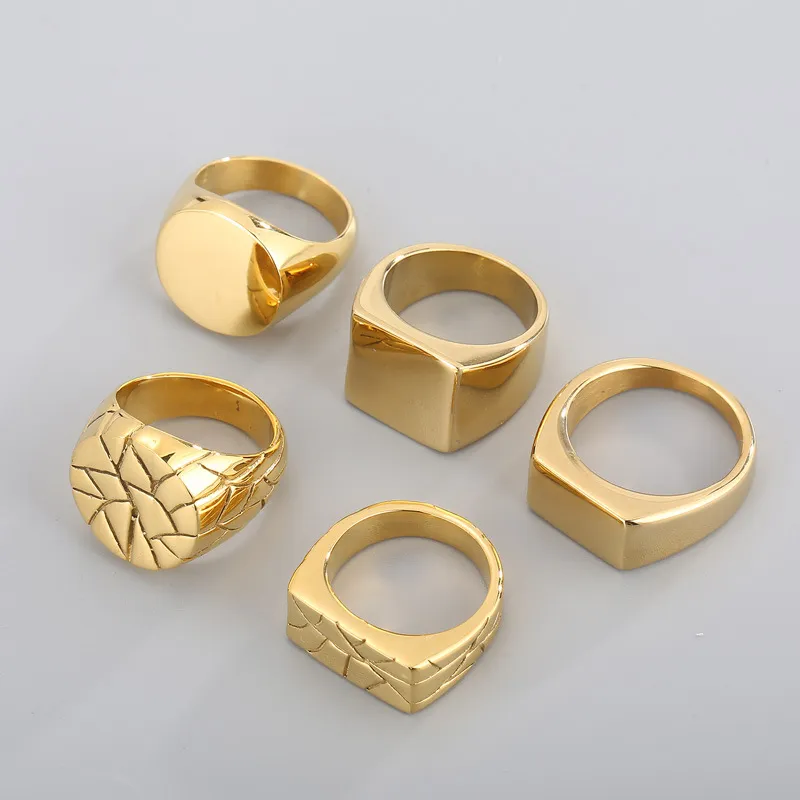 Geometric Surface Rectangular Laser Logo Black Cast Classic Stainless Steel Ring