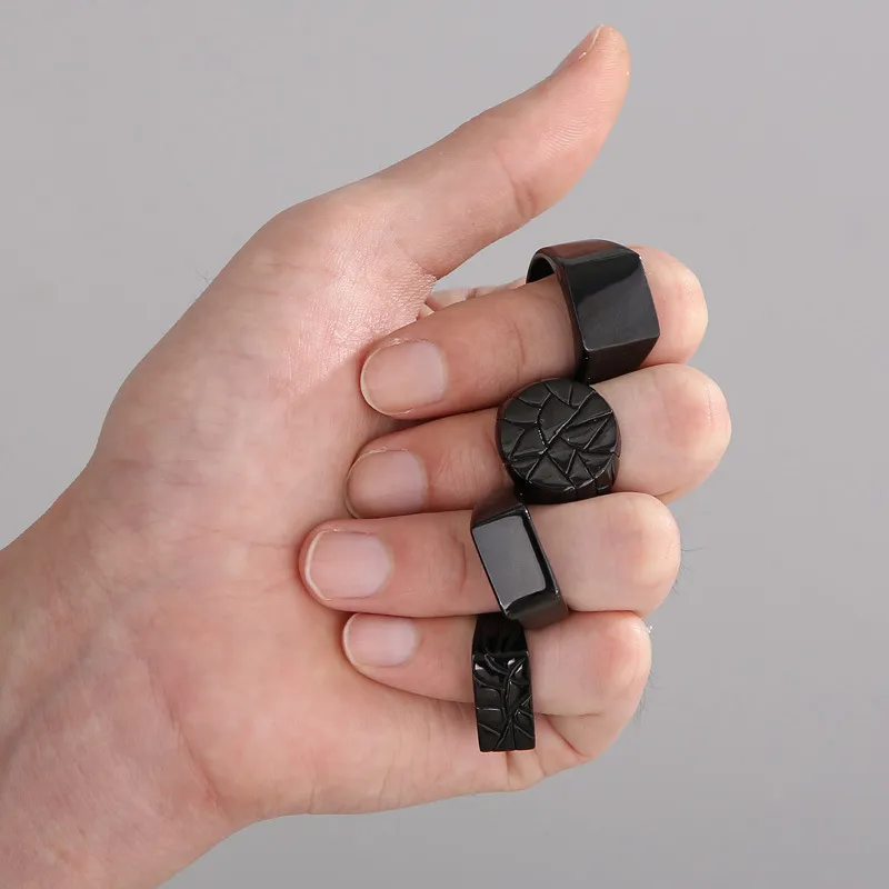 Geometric Surface Rectangular Laser Logo Black Cast Classic Stainless Steel Ring