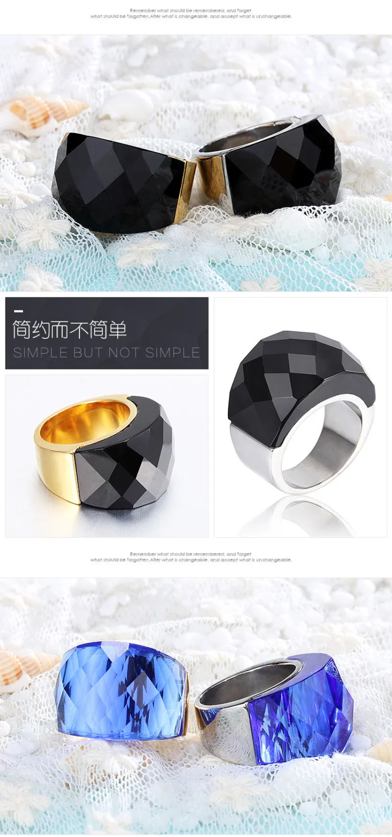 Fashion Colorful Crystal Finger Ring Durable Stainless Steel Vacuum Plated Glass Rings