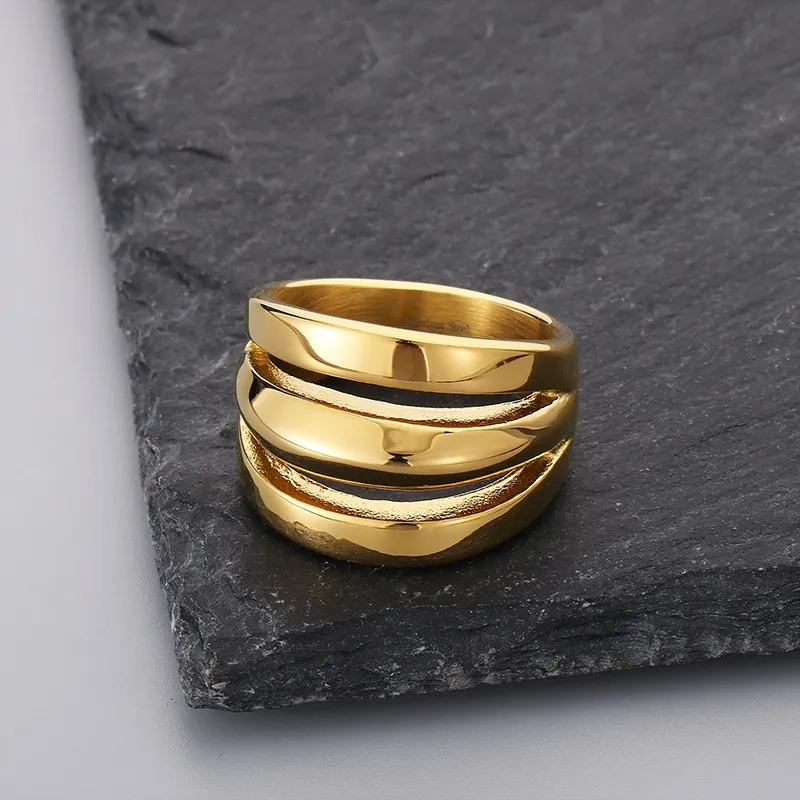 Stainless Steel Geometric Lines Personalized Three-Layer Ins Style Men's Atmospheric Ring