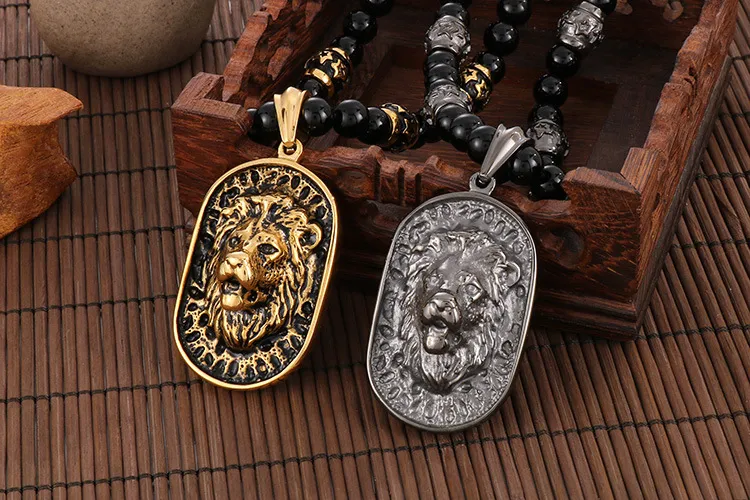 Stainless Steel Lion Head Pendant, Ethnic Style Buddhist Bead Bead Bead, Men's and Women's Long Necklace, Sweater Chain