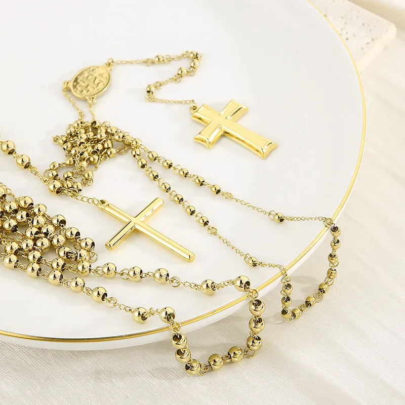 Stainless Steel Niche Design Cross Retro Beaded Necklace Clavicle Chain for Women