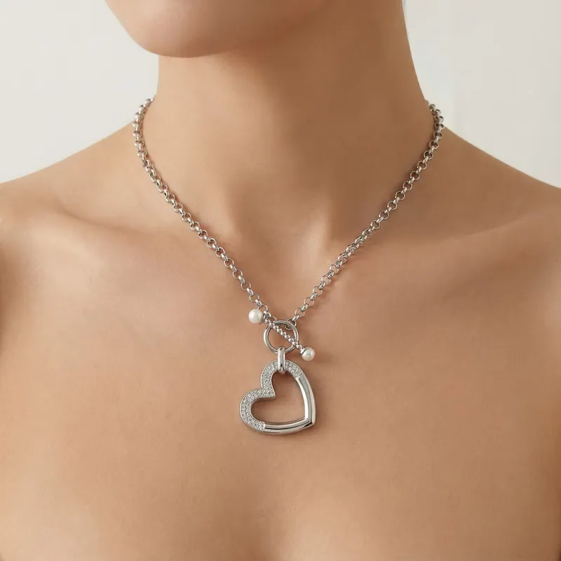 Fashion Jewelry Set Personalized Hollow Heart Pendant Stainless Steel Necklace Women Wholesale