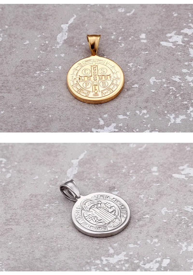 Komi Saint Benedict Christian Stainless Steel Disc Necklace Priest Exorcist Pendant