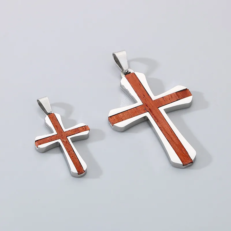 Fashion Personalized Stainless Steel Inlaid Red Pear Solid Wood Cross Pendant