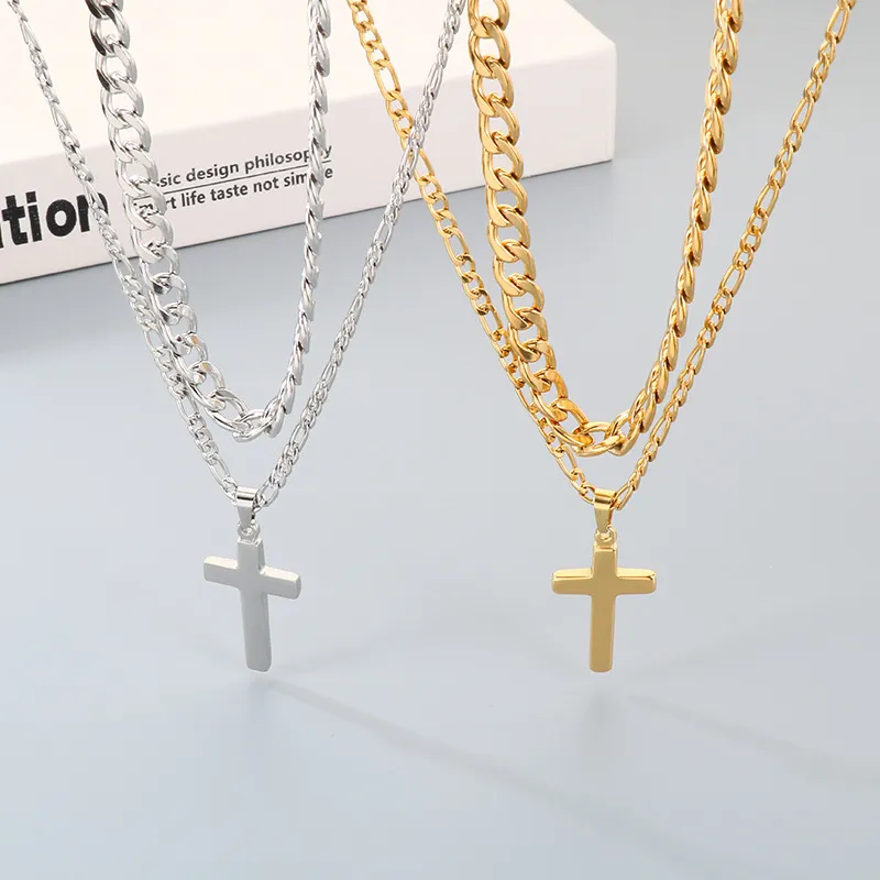 Retro, Simple, Engraved Cross Necklace, Trendy and Fashionable Nk Chain Double-Layer Stacked Stainless Steel Men's Pendant Necklace