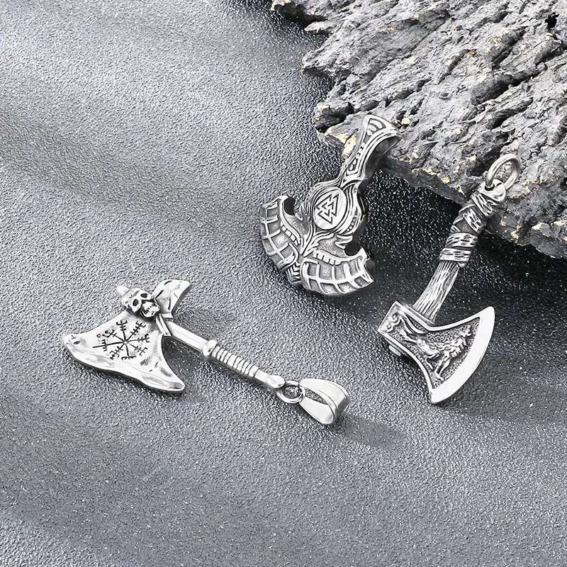Vintage Personalized Thor's Hammer Accessories Nordic Viking Guide Rune Skull Axe Stainless Steel Men's Pendant