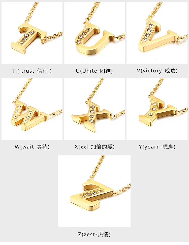 Stainless Steel 18K Gold-Plated Creative Diamond Studded 26 Uppercase English Letters Fashionable Collarbone Necklace