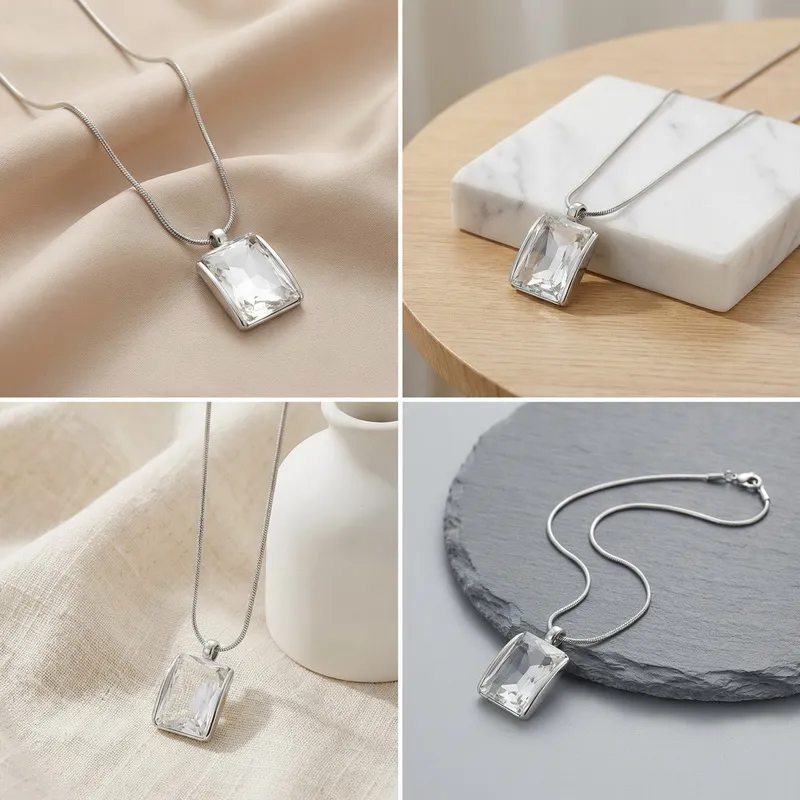 Personalized Square Multi-Color Glass Pendant Necklace Snake Bone Chain 18K Gold-Plated Stainless Steel Necklace Wholesale