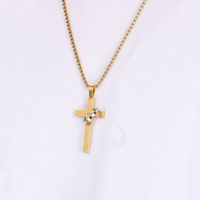 Stainless Steel Jewelry Cross Scripture Pendant Necklace for Both Men and Women