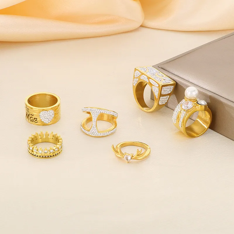 Wholesale Fashion Stainless Steel Creative Geometric Diamond Inlaid Multi Style Rings
