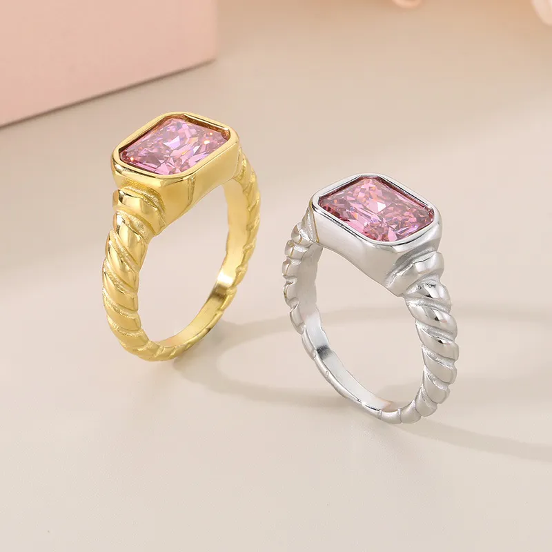 Stainless Steel Square Inlaid Glass Ring, European and American Retro Color Ring Jewelry