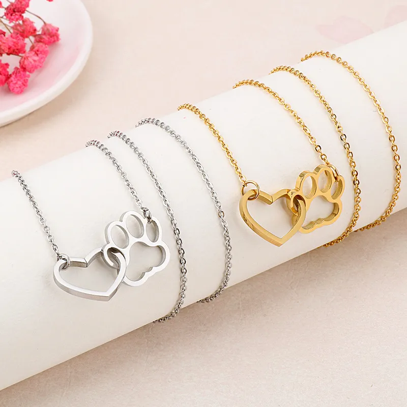 New Creative Heart-Shaped Cute Cat Paw Stainless Steel Necklace and Bracelet Jewelry Sets