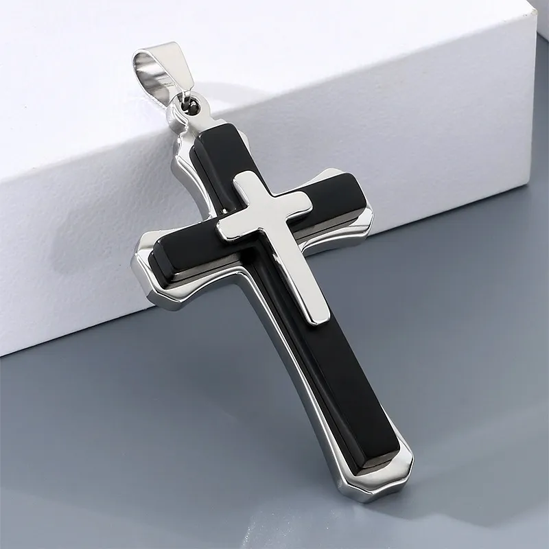 Men's Trendy Stainless Steel Three-Layer Three-Dimensional Cross Pendant Accessory Jewelry Wholesale