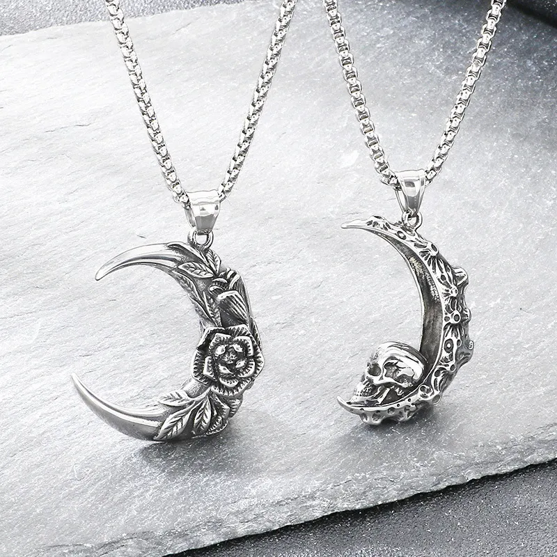 Gothic Style Dark Crescent Rose Pendant Punk Retro Personality Skull Moon Stainless Steel Men's Pendant