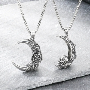 Gothic Style Dark Crescent Rose Pendant Punk Retro Personality Skull Moon Stainless Steel Men's Pendant