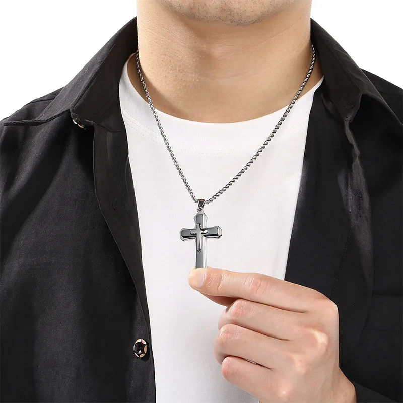 Men's Trendy Stainless Steel Three-Layer Three-Dimensional Cross Pendant Accessory Jewelry Wholesale