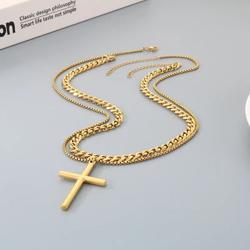 Simple Smooth Cross Pendant Necklace, European and American Six Sided Ground Square Pearl Chain, Double Layered Men's Necklace