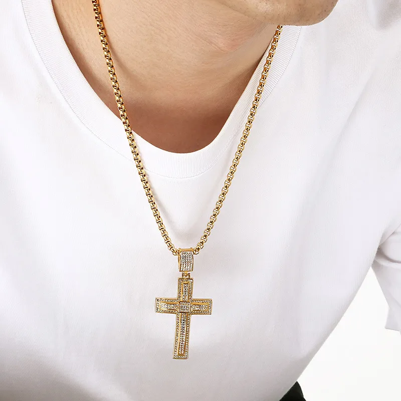 Personalized Bear Paw Pendant Hip Hop 3D Double Layer Cross with Diamond Pendant Stainless Steel Male and Female Accessories