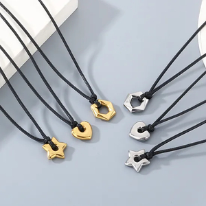 Popular Heart-Shaped Sweater Chain Necklace with Creative Fashion, Wax Rope, Five Pointed Star, Hexagonal Stainless Steel Pendant Necklace