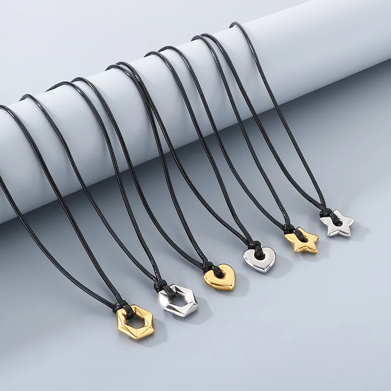 Popular Heart-Shaped Sweater Chain Necklace with Creative Fashion, Wax Rope, Five Pointed Star, Hexagonal Stainless Steel Pendant Necklace
