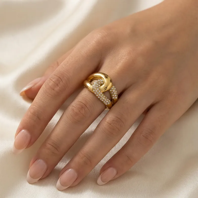 Personalized Oversized Stainless Steel Ring Irregular Double Row Diamond Geometric Rings Wholesale