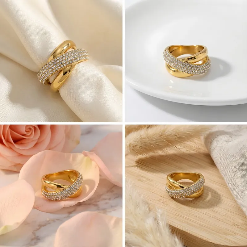 Personalized Oversized Stainless Steel Ring Irregular Double Row Diamond Geometric Rings Wholesale